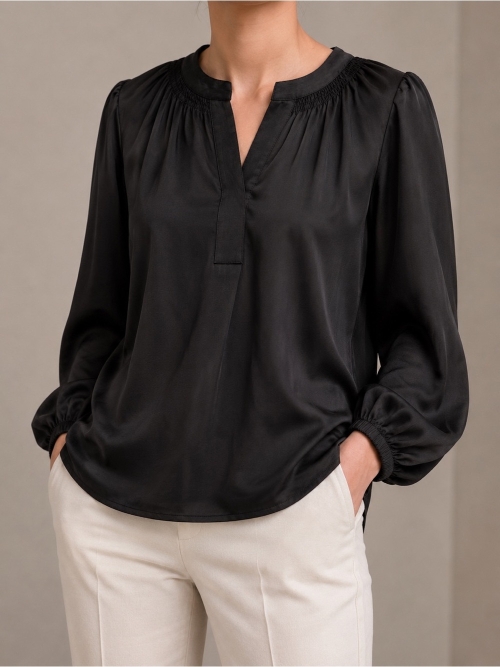 Kohl's Black Satin Notch-Neck Long-Sleeve Blouse